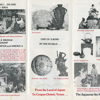 Brochure page featuring photographs and text about Japanese art, highlighting artifacts like bronzeware, hakata dolls, and more.
