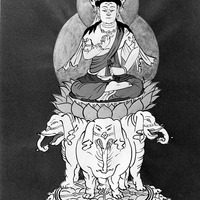 Drawing of a central seated figure on a lotus, atop three elephants.