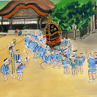 Children in blue attire participate in a Japanese festival carrying a decorated portable shrine.
