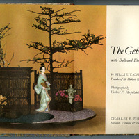 Cover of 'The Geisha Story' featuring a traditional Japanese doll in a kimono posed beside a flower arrangement with trees, lantern, and bamboo fence.