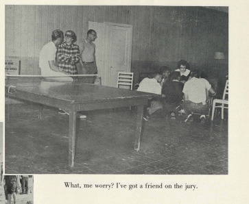 Students chatting by a ping pong table a photograph in TheSilverKing1959. The caption reads "What, me worry? I've got a friend on the jury."
