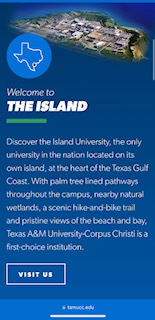 Screen Shot # 3 of the TAMUCC welcome page website Fall 2023. This screen shot displays the Welcome to the Island page of the website Fall 2023