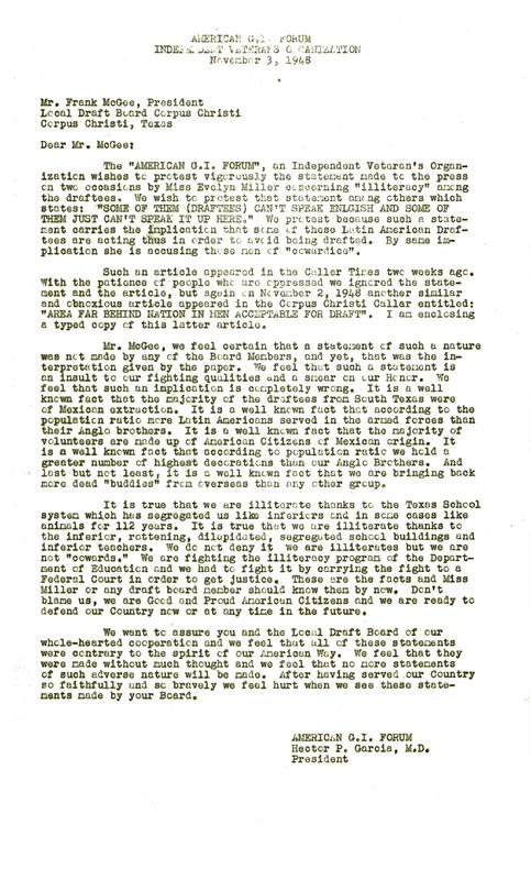 Letter from Dr. Garcia to Frank McGee, Corpus Christi Draft Board, promoting equal treatment for all those serving in the armed forces. 