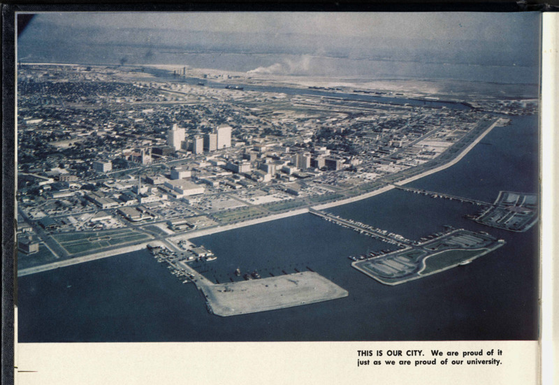 This is a photograph of the city of Corpus Christ, Texas in 1956 posted in TheSilverKing yearbook. This photo is of landscape of downtown. 