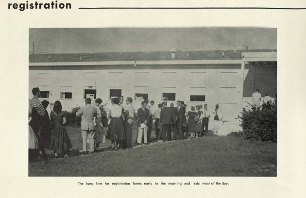 Students in line for Registration in the TheSilverKing1959 yearbook. The caption says "The long line for registration forms early in the morning and lasts most of the day".