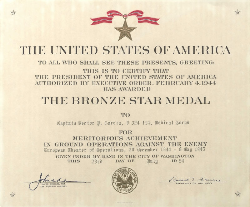 Dr. Garcia's Bronze Star Medal certificate. 