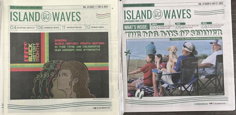 Photo copy of a  colored copy of Island Waves student newspaper front pages of Vol. 33, Issue 1, February 9, 2923 and Vol. 37, Issue 6, July 21, 2023