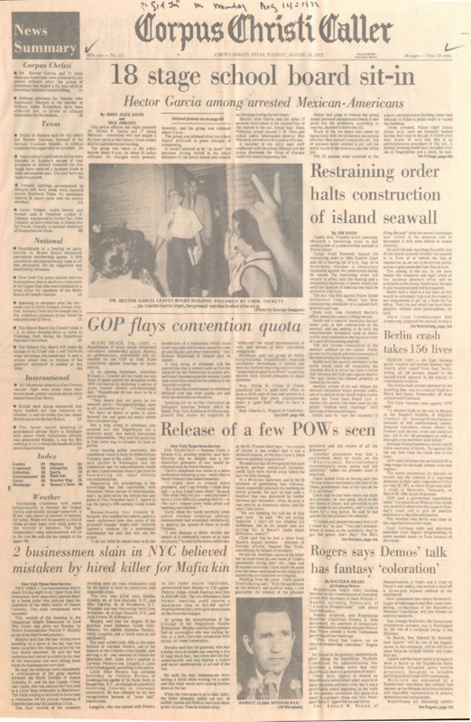 Newspaper article of how Dr. Garcia was arrested after he refused to vacate a school where he was staging a sit-in to protest segregation. 