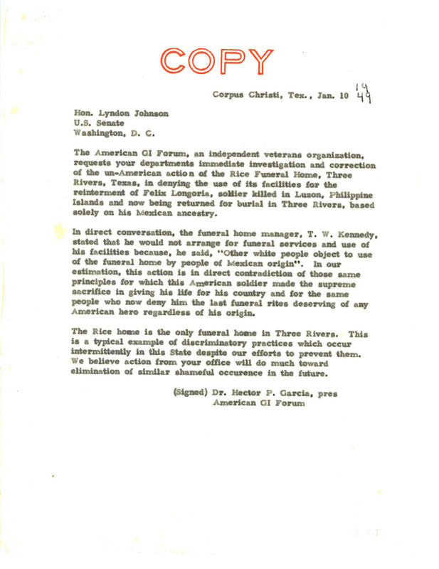 Letter from Dr. Garcia to Senator Lyndon B. Johnson to urge action towards honoring Private Longoria. 