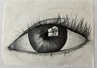 Detailed sketch of a human eye with a reflected image visible on the surface of the eye.