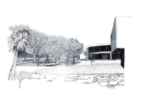 This is a black and white drawing of the TAMU-CC campus as viewed from the O'Connor Building- looking in the southeast direction. From left to right, there is a palm tree, a shrub, and grass in the foreground; Lee Plaza with multiple trees around the fountain;  a partial view of the entrance to the Student Services Center (Round Building) in the background; and the Islander Welcome Center building entrance.