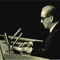 Photograph of Dr. Garcia addressing the UN General Assembly discussing the Treaty for the Prohibition for Nuclear Weapons in Latin America.